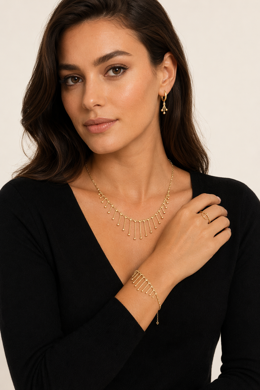 Püsküllü Top Zincir Set - Bileklik, Kolye, Küpe & Yüzük (Set 1)